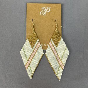 White Glass Beaded Leaf Dangle Drop Earrings 3.5 In Women Gold Tone Boho Jewelry